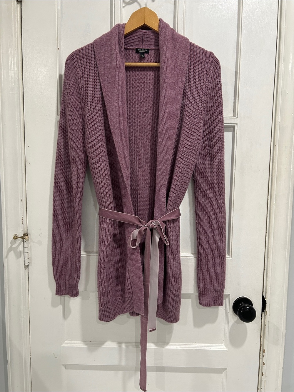 Talbots Mauve Shawl Collar Belted Tie Waist Lambswool Blend Cardigan Sweater M
